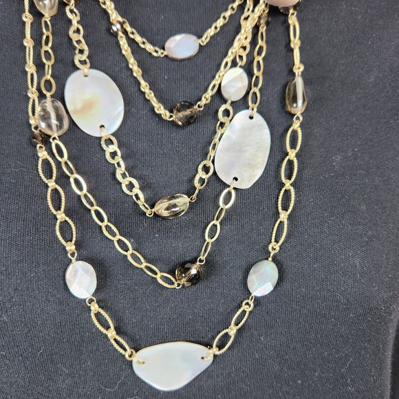 Multi Layer Chain & Mother of Pearl Necklace Toggle 925 Clasp 26 in. Gold Tone - Picture 2 of 8